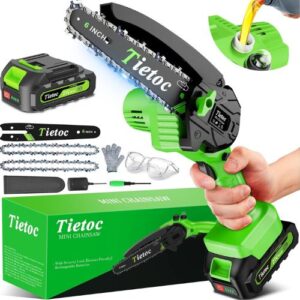 Tietoc Cordless Mini Chainsaw – 6 Inch Super Handheld Electric Chainsaw with Security Lock & Auto Oiler System | Rechargeable Battery-Powered Tool for Cutting Wood & Trees